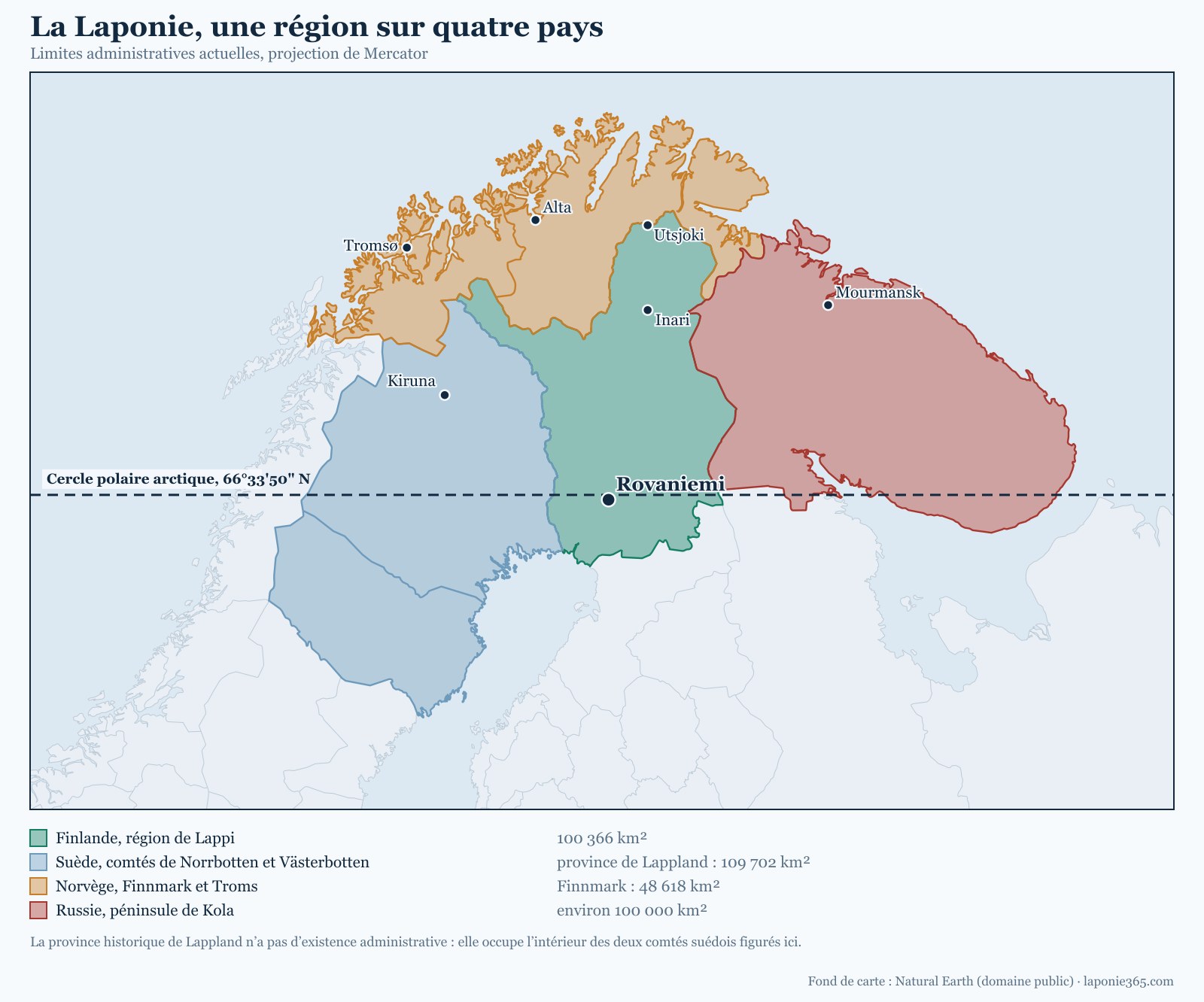 Carte de la Laponie répartie entre la Finlande, la Suède, la Norvège et la Russie, avec le tracé du cercle polaire arctique passant par Rovaniemi
