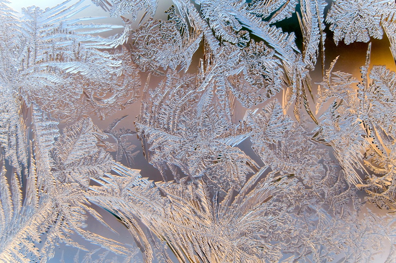 Givre formant des motifs sur une vitre en hiver