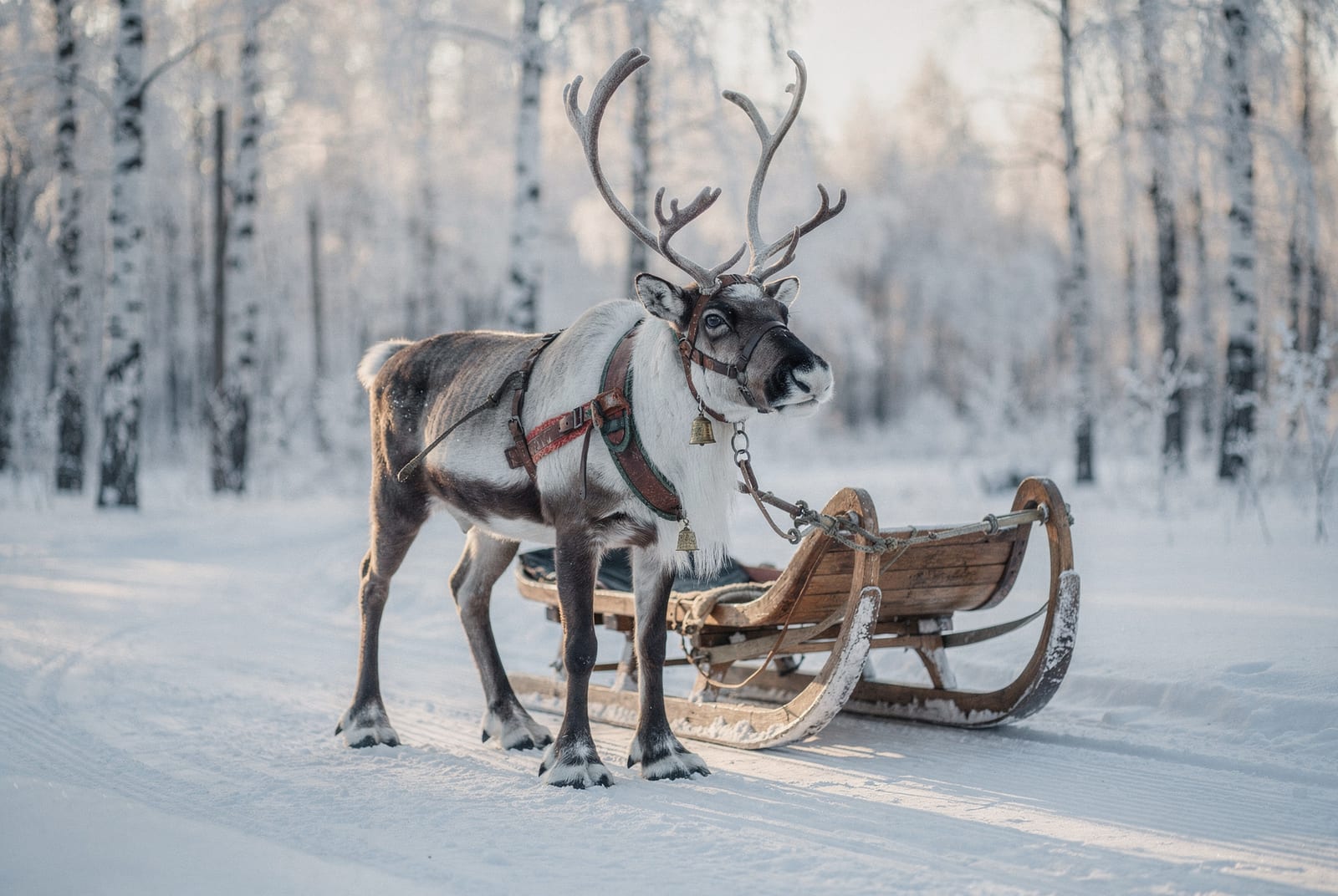 Reindeer harnessed to a wooden sleigh on a groomed track through frosted birch forest near Rovaniemi